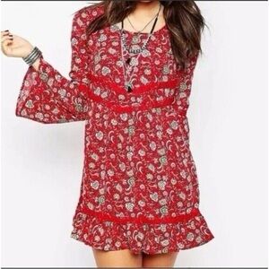Band of Gypsies Red Ruffled Wrap Sundress Size XS PTP 16” Flare Sleeves